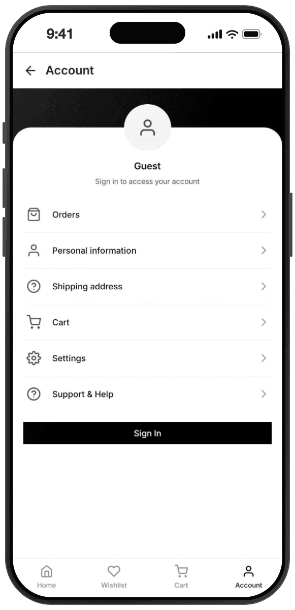 Atelier theme account screen in guest state, with rows for orders, personal information, shipping address, cart, settings and support, and a sign in action.