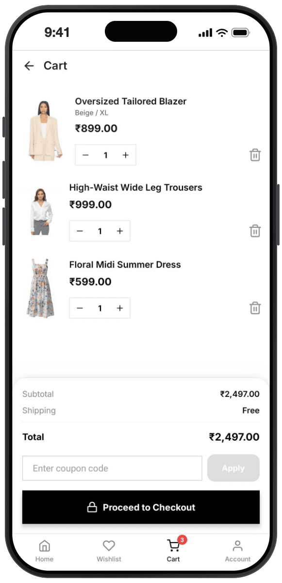 Atelier theme cart screen: fashion line items with quantity steppers, a totals sheet with subtotal and shipping, a coupon field, and a full width Proceed to Checkout button.