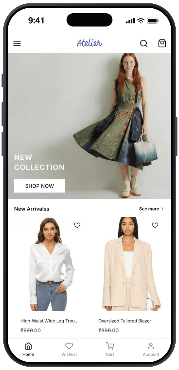 Atelier theme home screen: script Atelier wordmark, a full bleed fashion campaign photo with New Collection and Shop Now overlaid, and a New Arrivals product grid with prices.