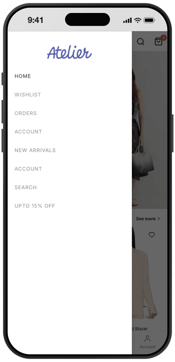 Atelier theme navigation drawer: script Atelier wordmark above uppercase links for Home, Wishlist, Orders, Account, New Arrivals, Search, and an Upto 15 percent off offer, over a dimmed storefront.