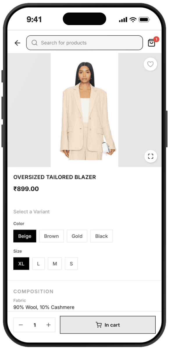 Atelier theme product screen: model photo, uppercase product title with price, colour and size selector chips, a fabric composition section reading 90 percent wool and 10 percent cashmere, and a bottom bar with quantity stepper and In cart button.