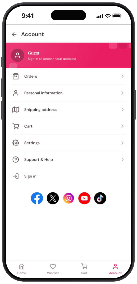 Beaute theme account screen in guest state: a pink header band reading Guest with a prompt to sign in, rows for Orders, Personal information, Shipping address, Cart, Settings and Support, a Sign in row, and a row of social icons.