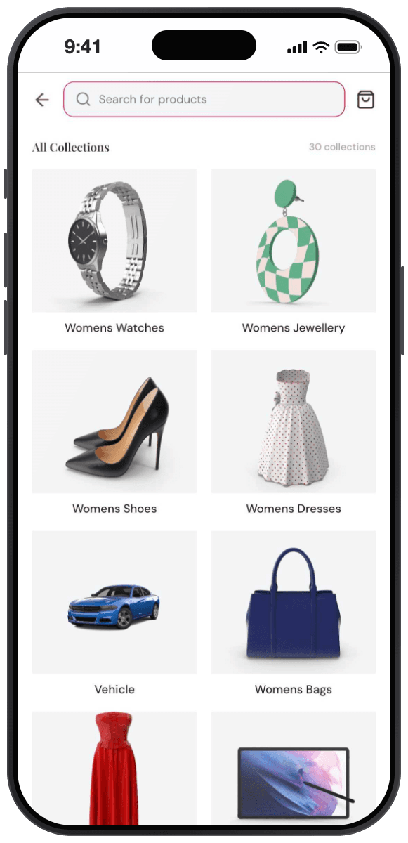 Beaute theme collections screen: search field, an All Collections header with a count of 30 collections, and a two column grid of collection tiles labelled Womens Watches, Womens Jewellery, Womens Shoes, Womens Dresses, Vehicle, and Womens Bags.