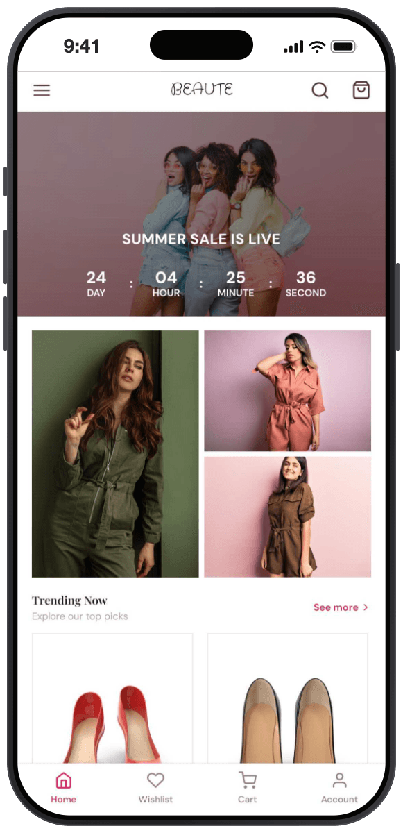 Beaute theme home screen: countdown banner reading Summer Sale Is Live with day, hour, minute and second fields over a campaign photo, an asymmetric image mosaic below it, and a Trending Now product row.