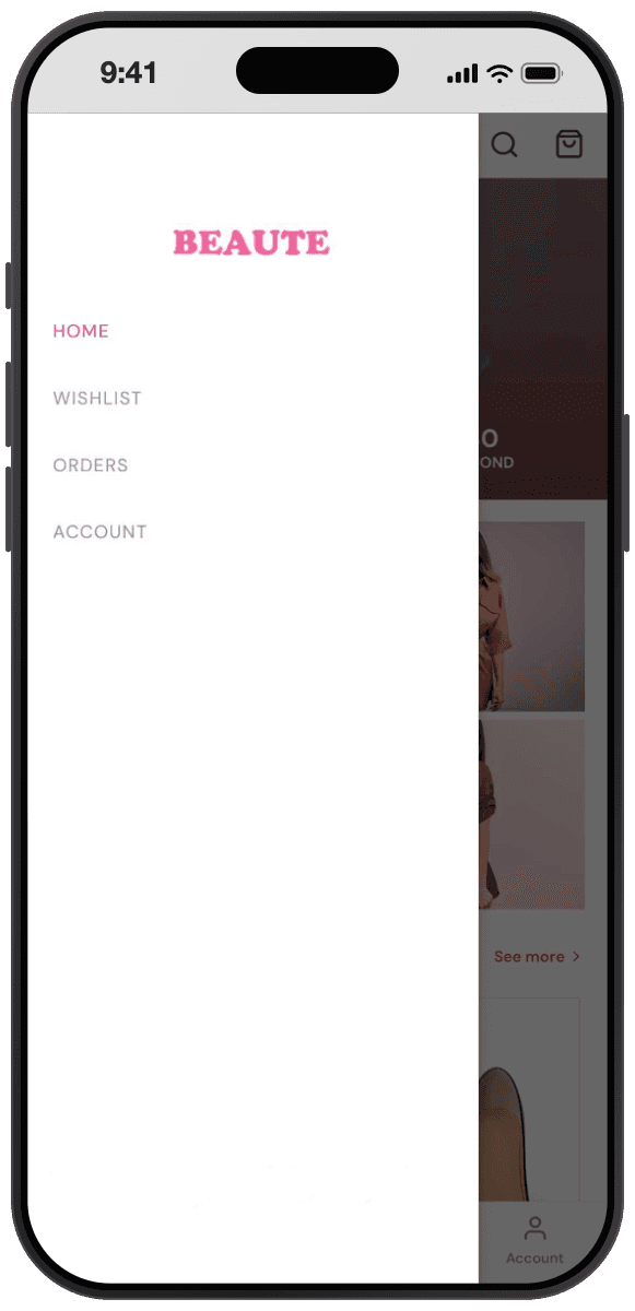 Beaute theme navigation drawer: pink Beaute wordmark above uppercase links for Home, Wishlist, Orders, and Account, sliding over a dimmed storefront.