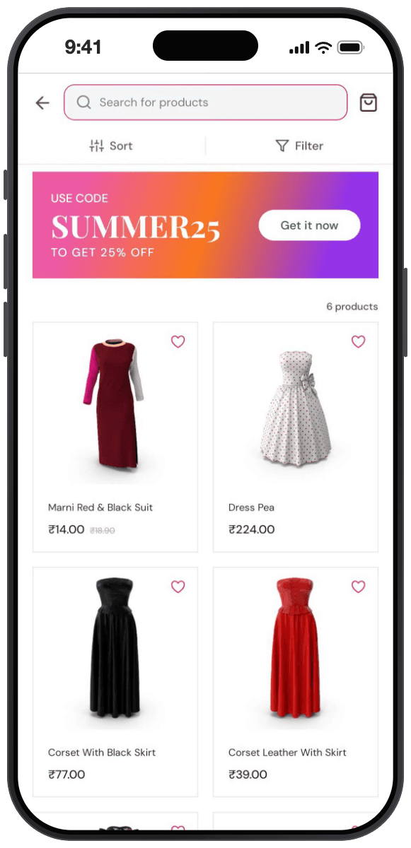 Beaute theme product list: Sort and Filter controls, a promotional banner offering code SUMMER25 for 25 percent off, a product count, and a two column product grid with wishlist hearts and struck through original prices.