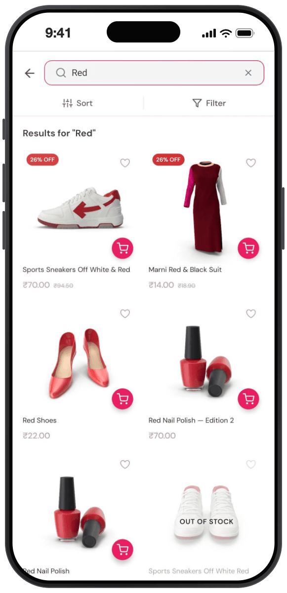 Beaute theme search screen: a search field containing the query Red, a Results for Red heading, product cards with 26 percent off badges and circular add to cart buttons, and one dimmed card marked Out Of Stock.