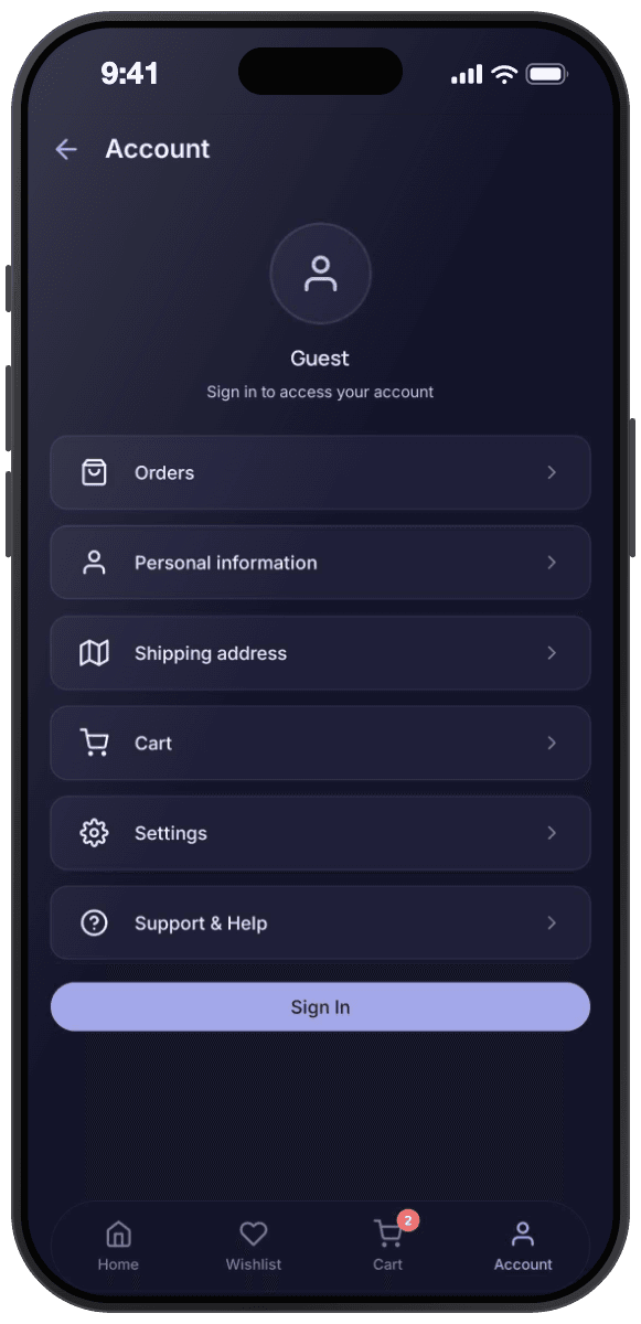 Bloom theme account screen in guest state: avatar placeholder, rows for Orders, Personal information, Shipping address, Cart, Settings, and Support, and a Sign In button.