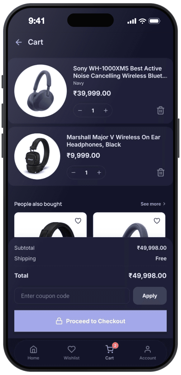 Bloom theme cart screen: two line items with quantity steppers, a People also bought product rail, subtotal and free shipping rows, a coupon field, and a Proceed to Checkout button.